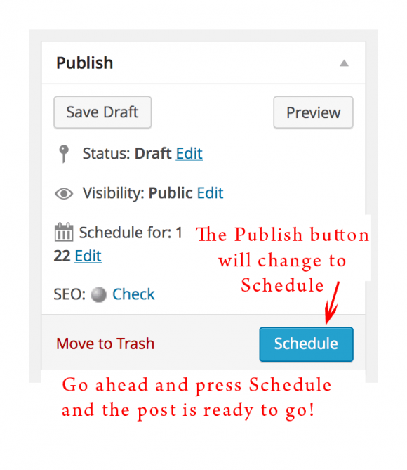 screenshot of how to schedule in publish panel in wordpress