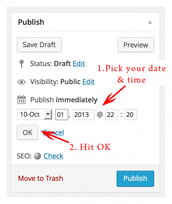 screenshot of how to change date & time in publish panel in wordpress