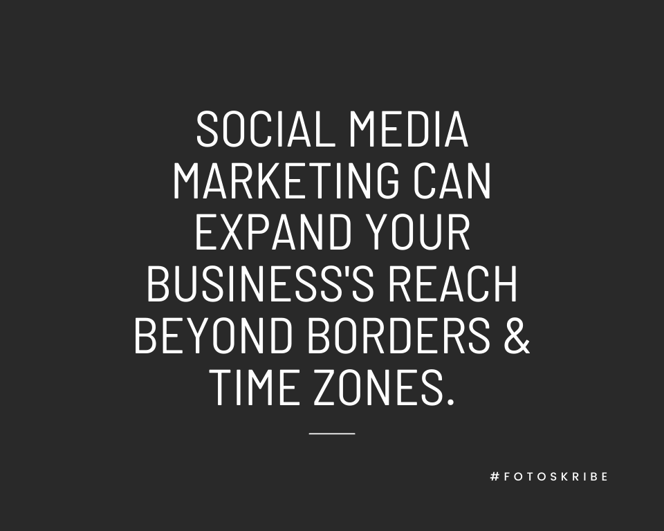 Infographic stating Social media marketing can expand your business's reach beyond borders & time zones.﻿