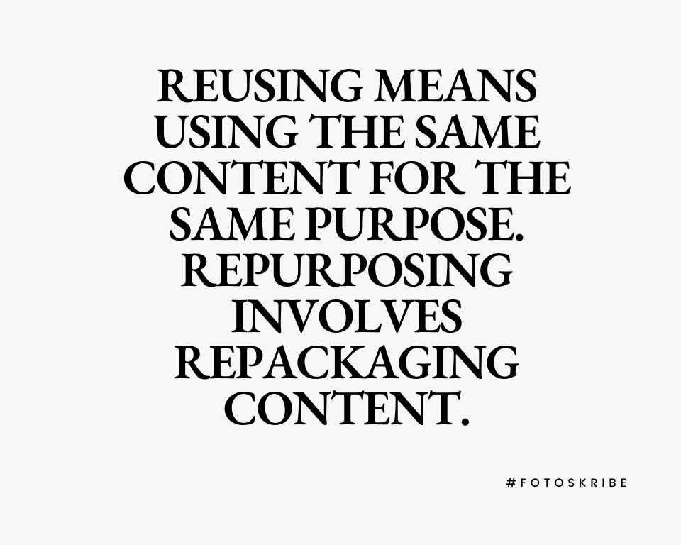 infographic stating reusing means using the same content for the same purpose repurposing involves repackaging content